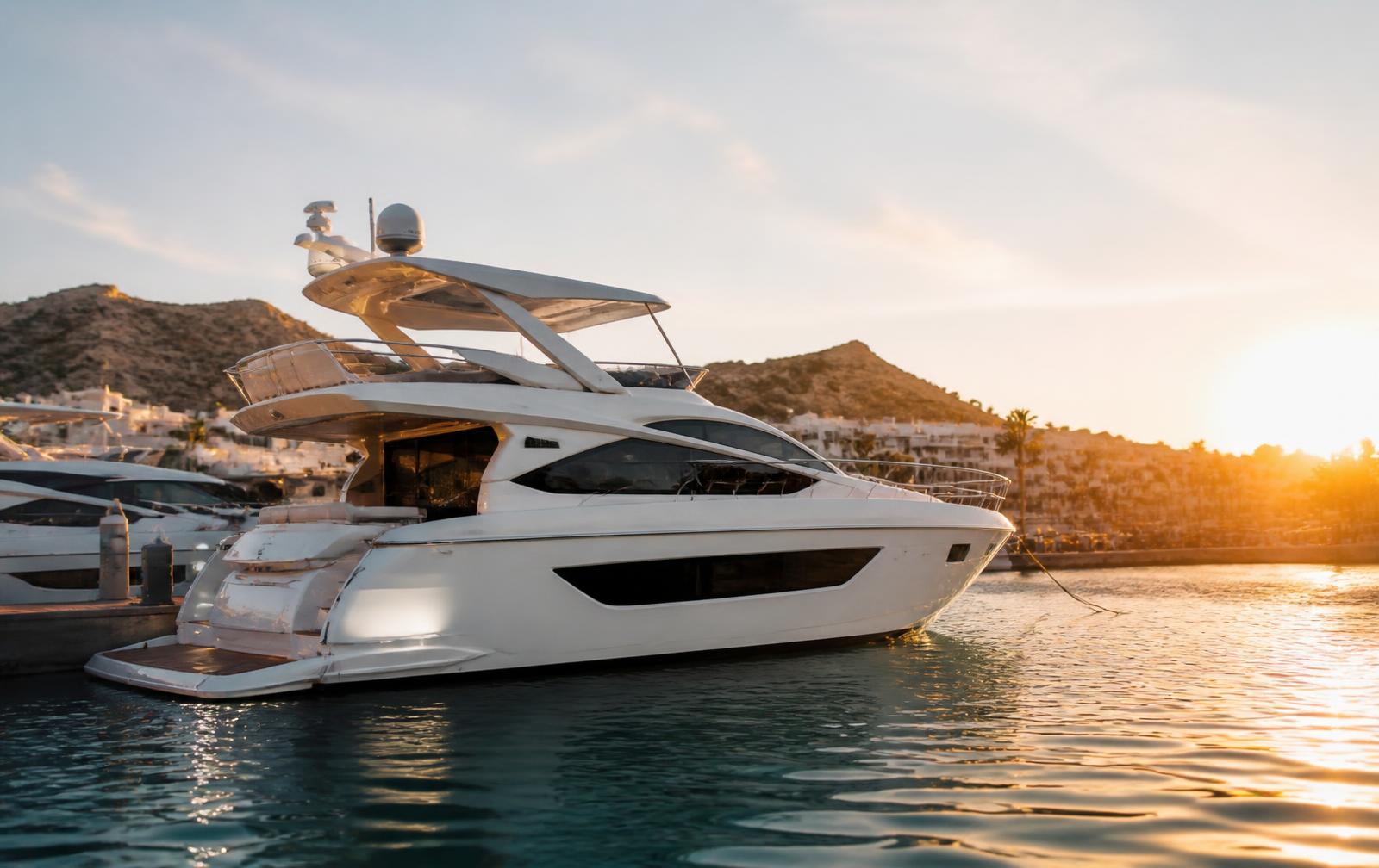 Flybridge cruiser moored in a calm marina at first light